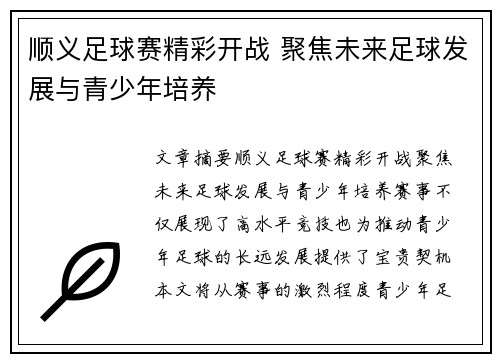 顺义足球赛精彩开战 聚焦未来足球发展与青少年培养